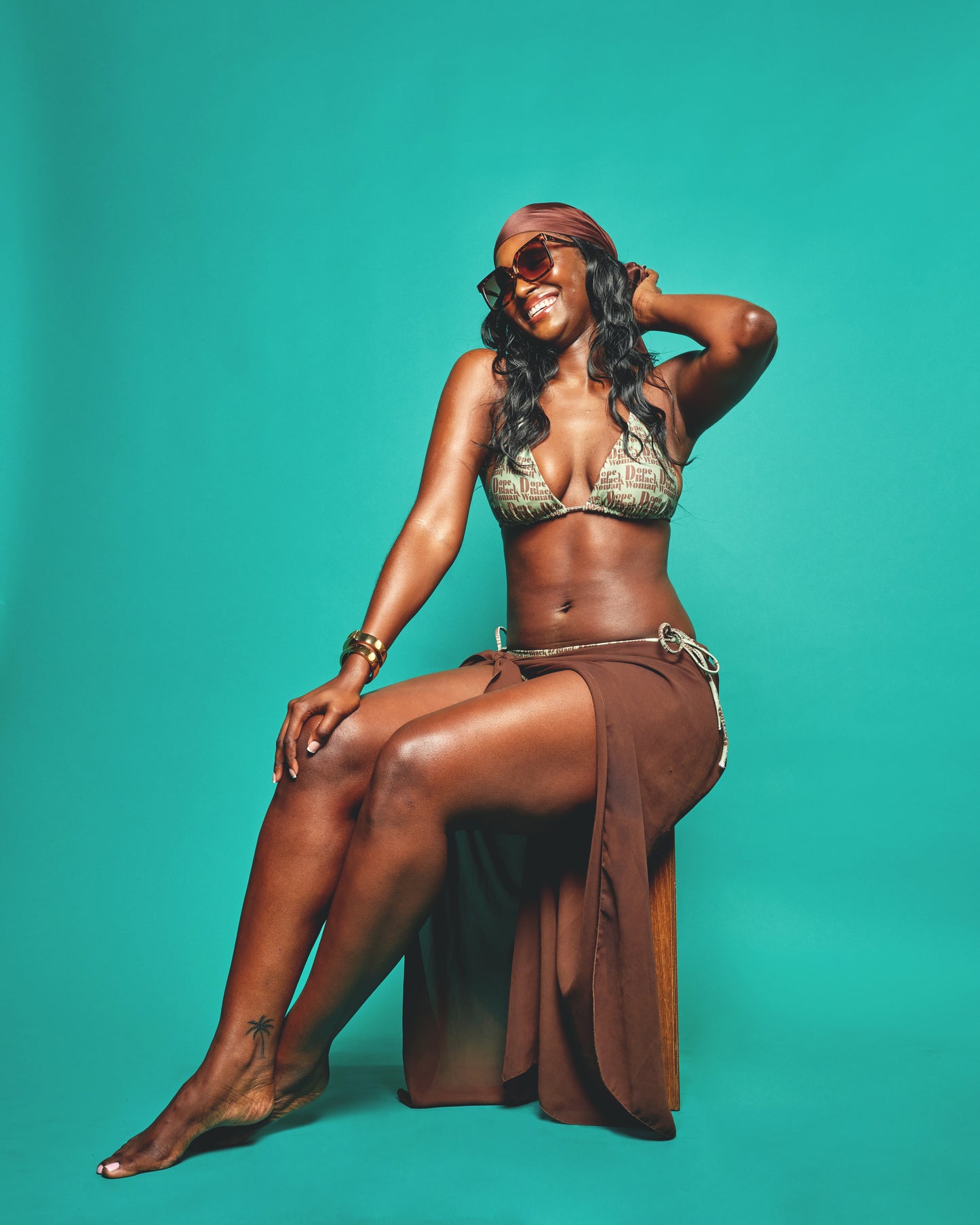 All-over Print Recycled String Bikini Sage & Chocolate